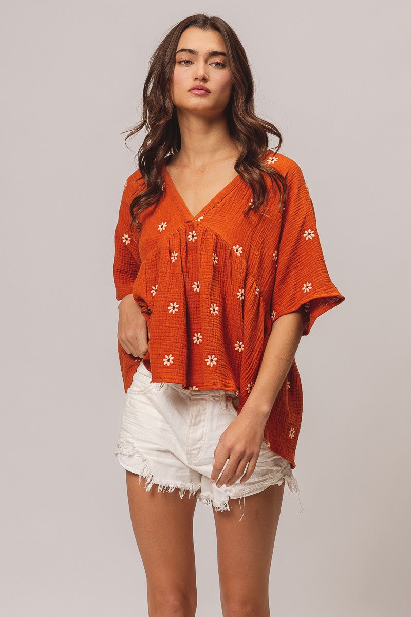 Floral Embrodieries Crinkle Gauze Peplum Top - Rust Oatmeal