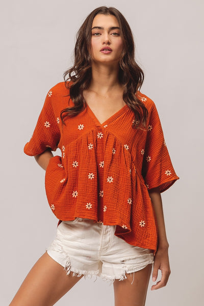 Floral Embrodieries Crinkle Gauze Peplum Top - Rust Oatmeal