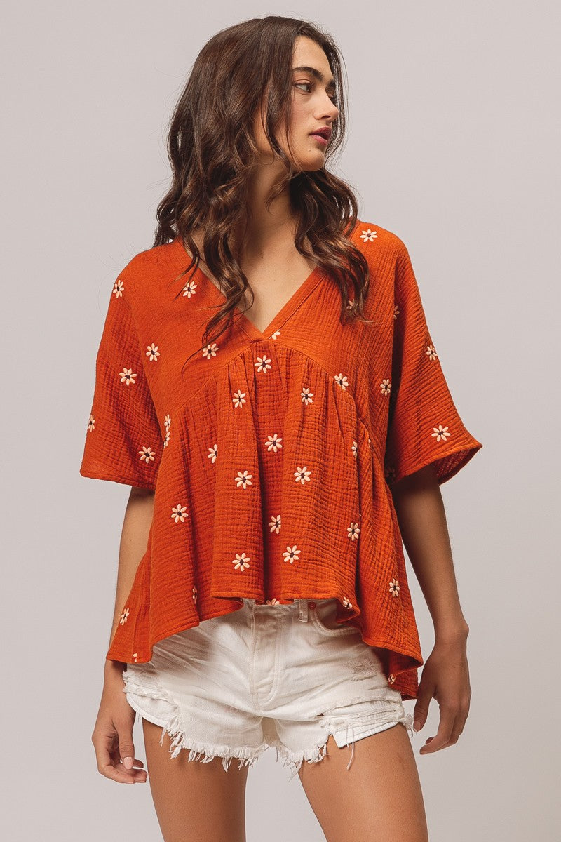 Floral Embrodieries Crinkle Gauze Peplum Top - Rust Oatmeal