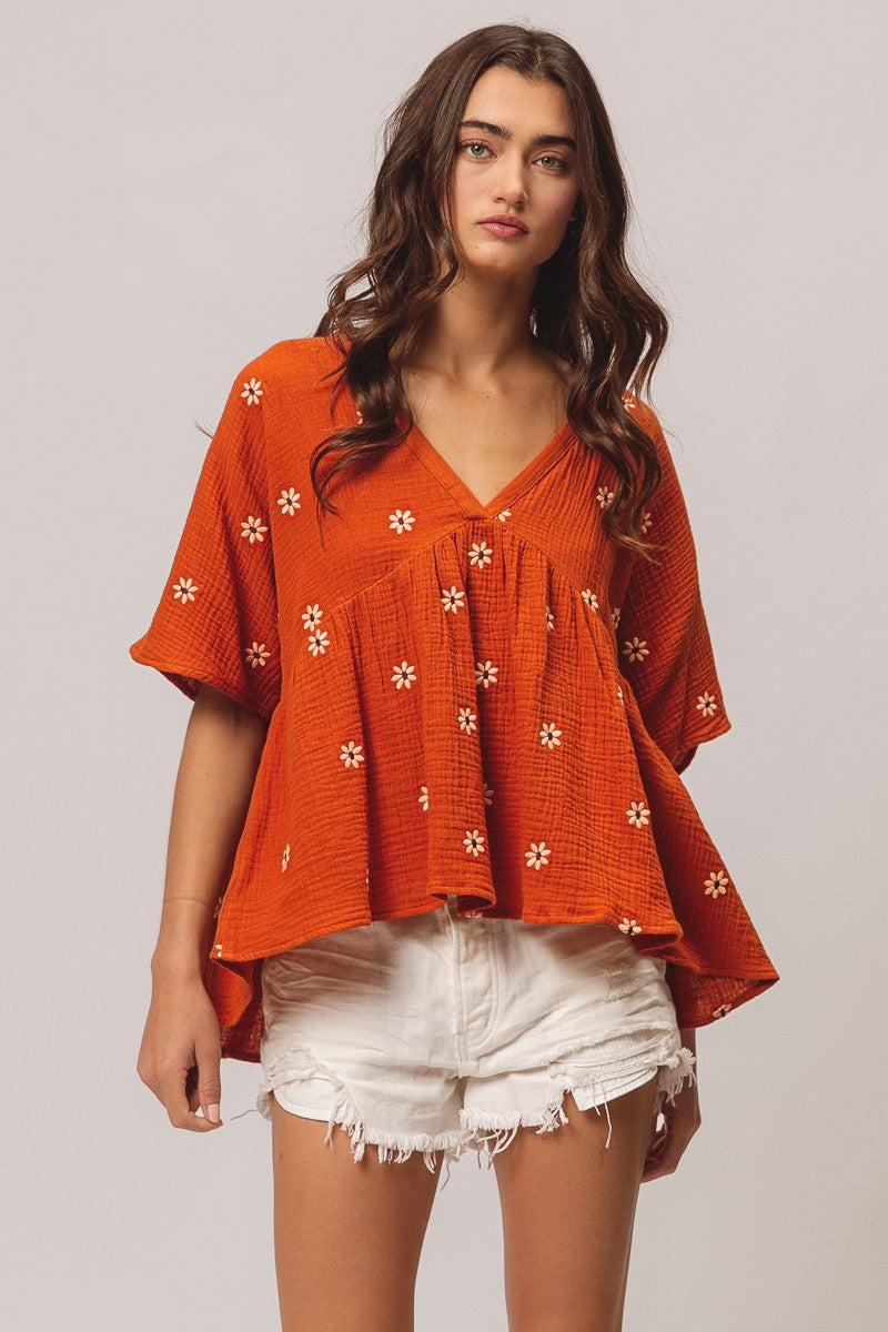 Floral Embrodieries Crinkle Gauze Peplum Top - Rust Oatmeal