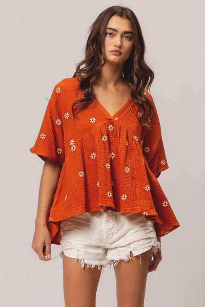 Floral Embrodieries Crinkle Gauze Peplum Top - Rust Oatmeal