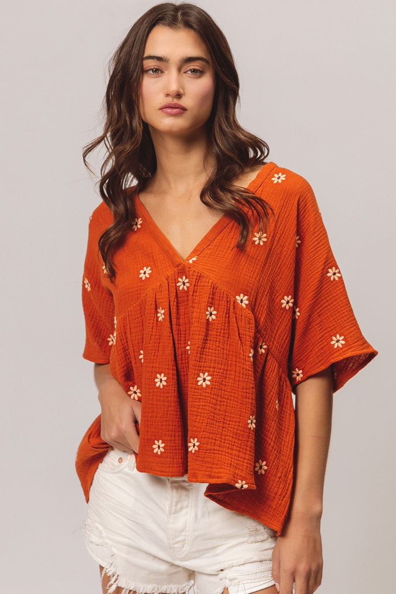 Floral Embrodieries Crinkle Gauze Peplum Top - Rust Oatmeal