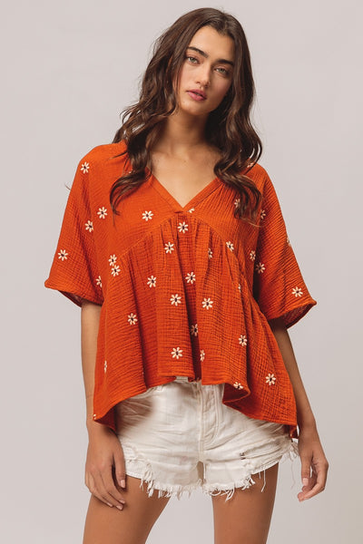 Floral Embrodieries Crinkle Gauze Peplum Top - Rust Oatmeal