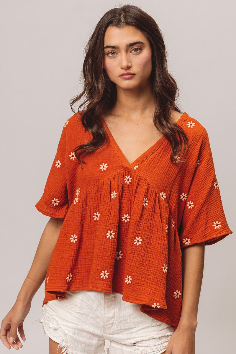 Floral Embrodieries Crinkle Gauze Peplum Top - Rust Oatmeal