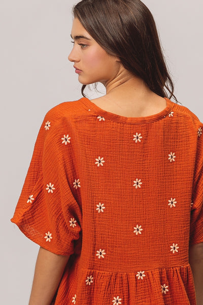 Floral Embrodieries Crinkle Gauze Peplum Top - Rust Oatmeal