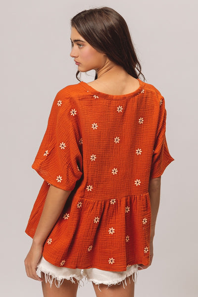 Floral Embrodieries Crinkle Gauze Peplum Top - Rust Oatmeal