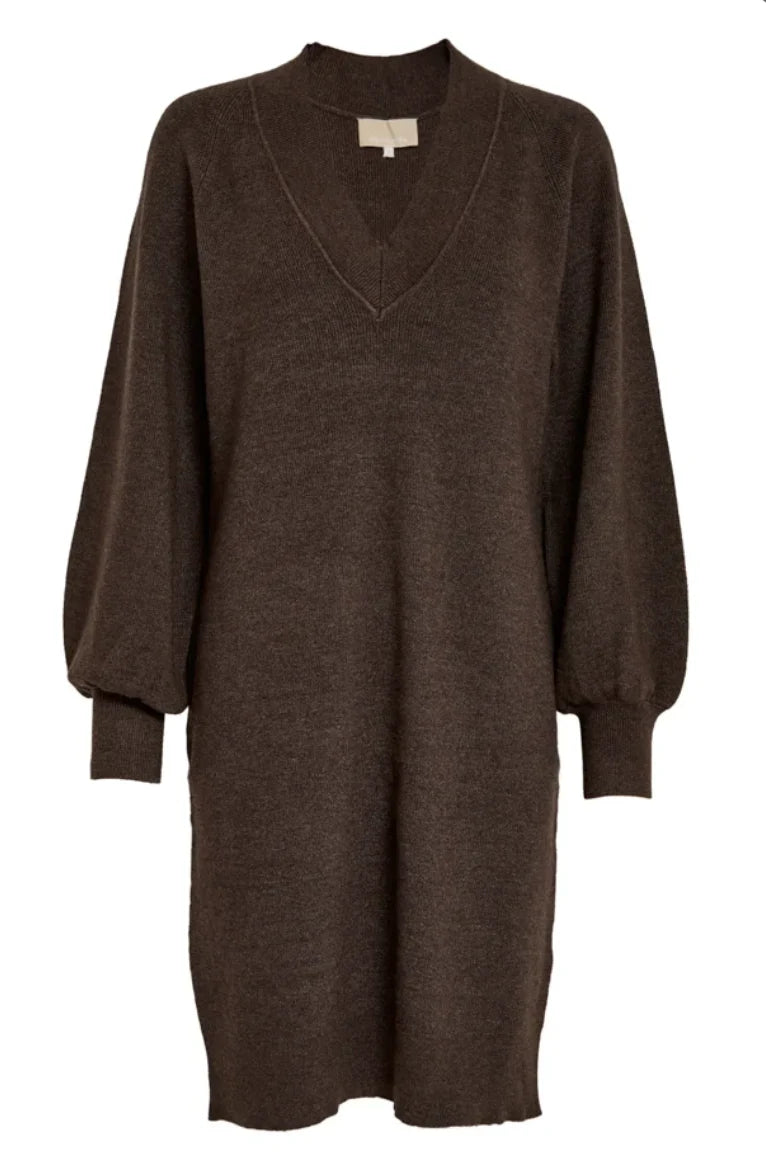 A dark brown knit sweater dress with a V-neckline and balloon sleeves, shown against a plain white background.