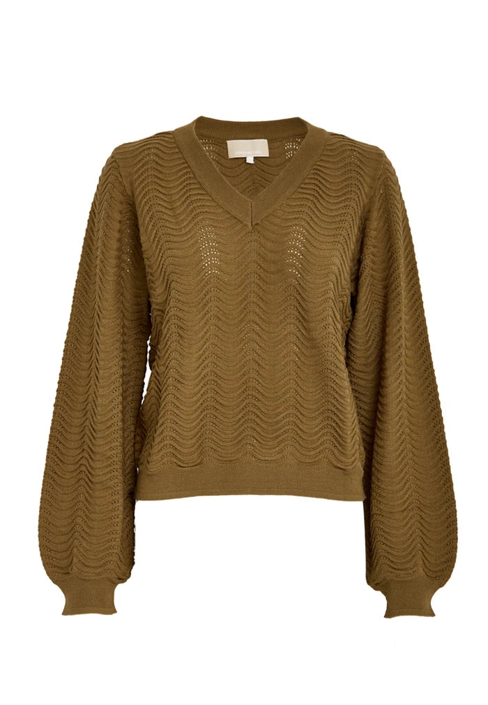An olive brown textured knit sweater with a V-neck and long balloon sleeves, shown against a plain white background.