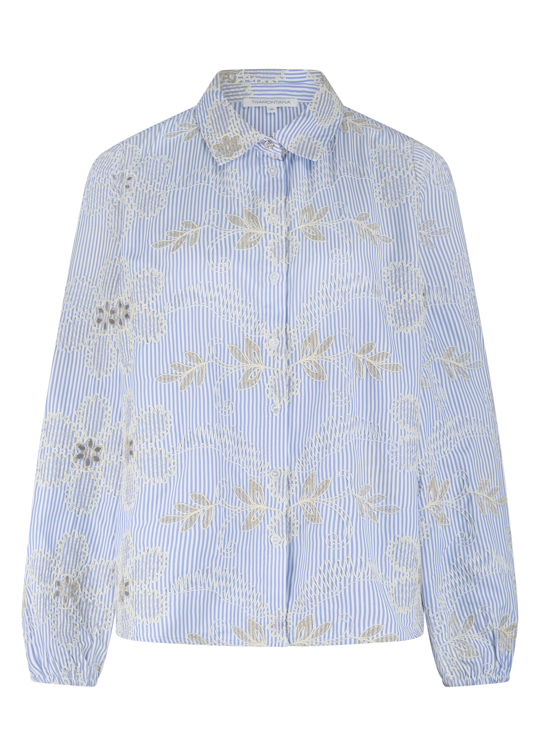 Light blue striped shirt with floral embroidery on a white background