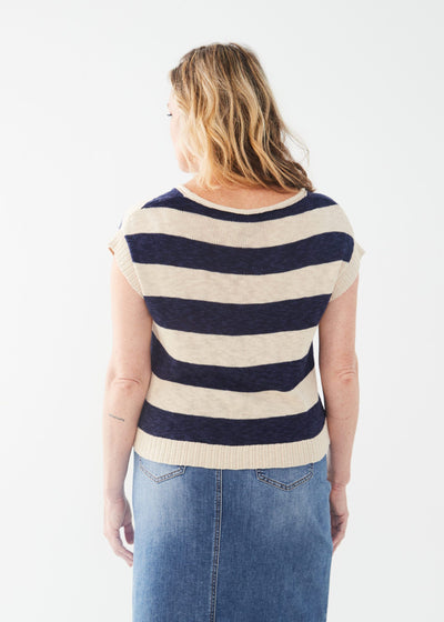 Short Sleeve Striped Sweater - Navy