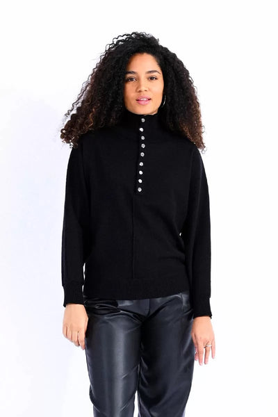 High Neck Button Sweater (Black)