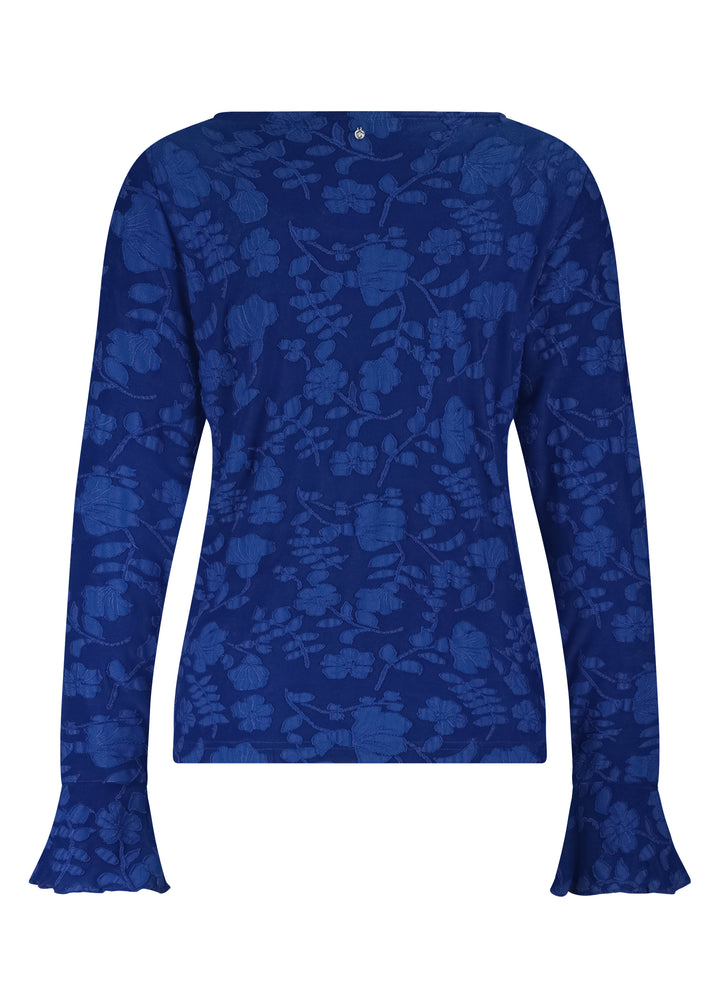 Blue floral patterned long-sleeve top on a white background
