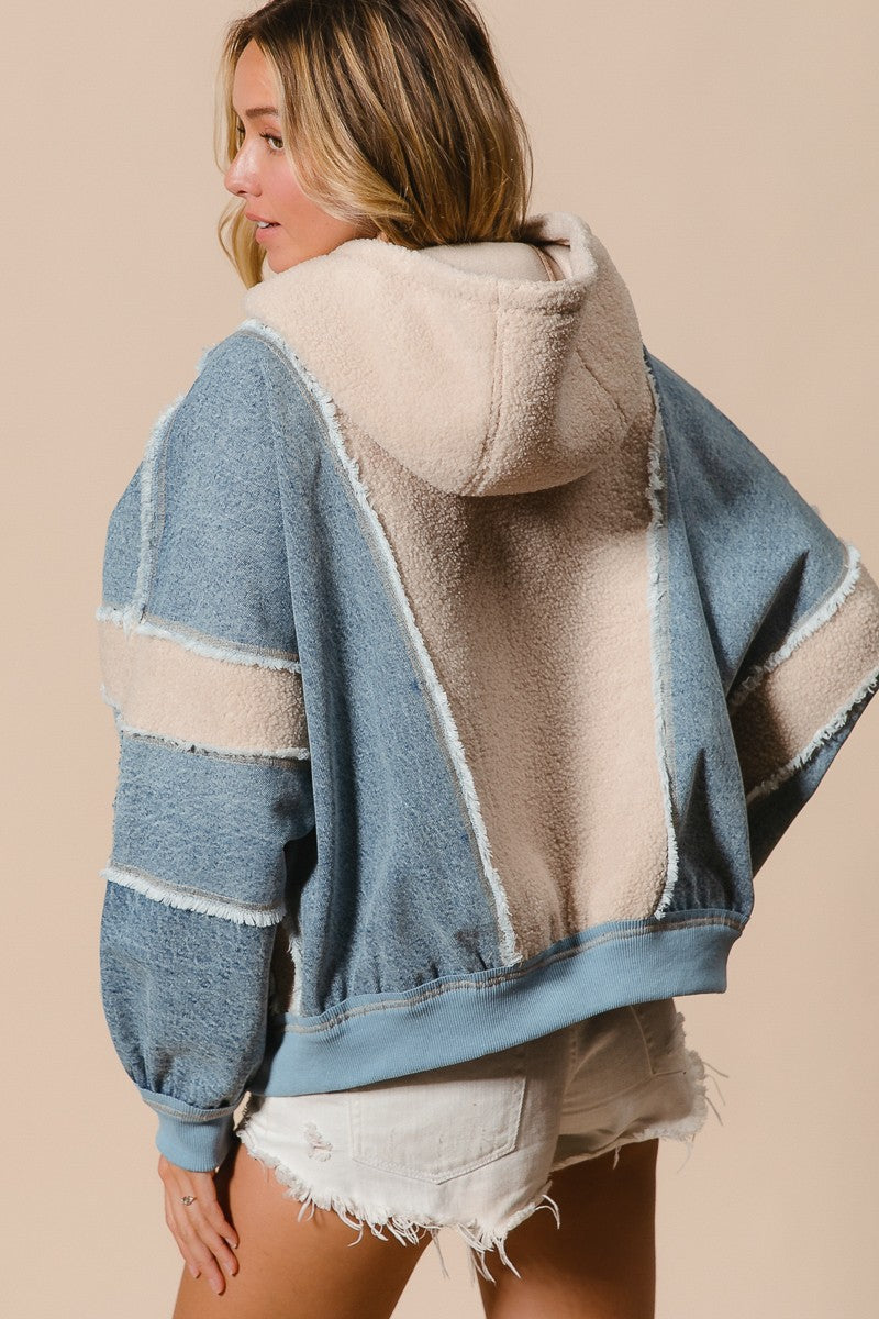 Washed and Fleece Mix and Match Zip Up Hoodie - Denim/Oatmeal