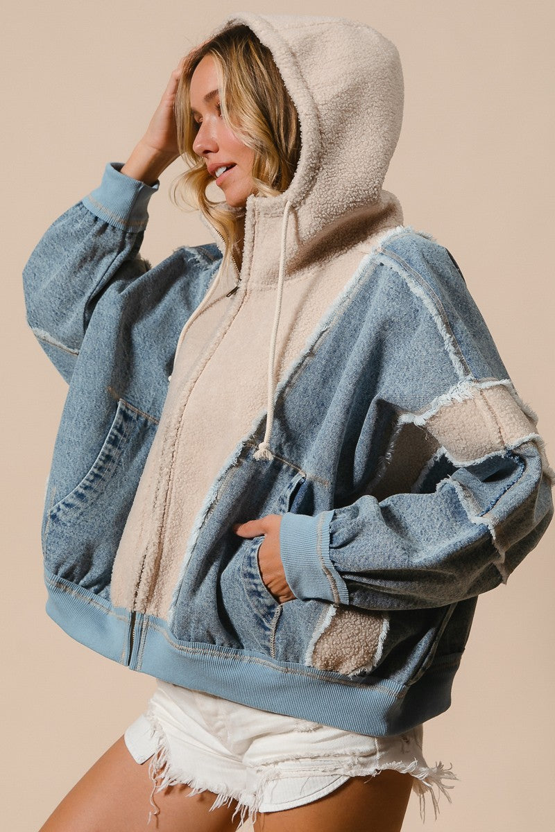 Washed and Fleece Mix and Match Zip Up Hoodie - Denim/Oatmeal