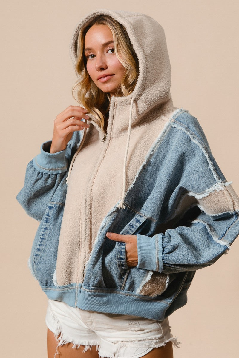 Washed and Fleece Mix and Match Zip Up Hoodie - Denim/Oatmeal