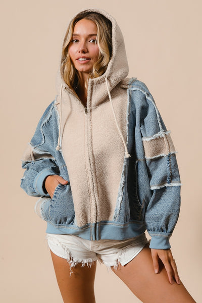 Washed and Fleece Mix and Match Zip Up Hoodie - Denim/Oatmeal