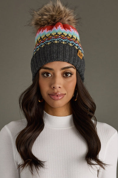 Woman wearing a colorful knit beanie with a pom-pom on a gray background