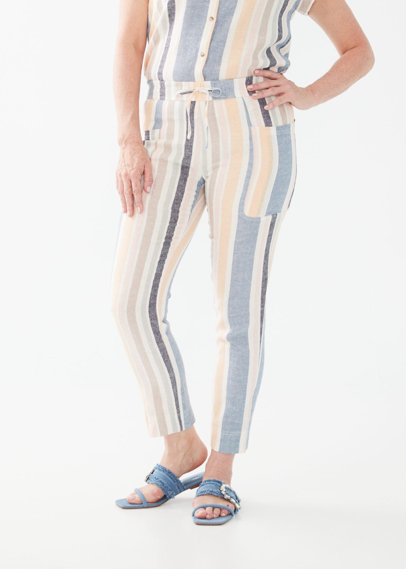 Tapered Linen-Blend Ankle Pants - Baha Stripe