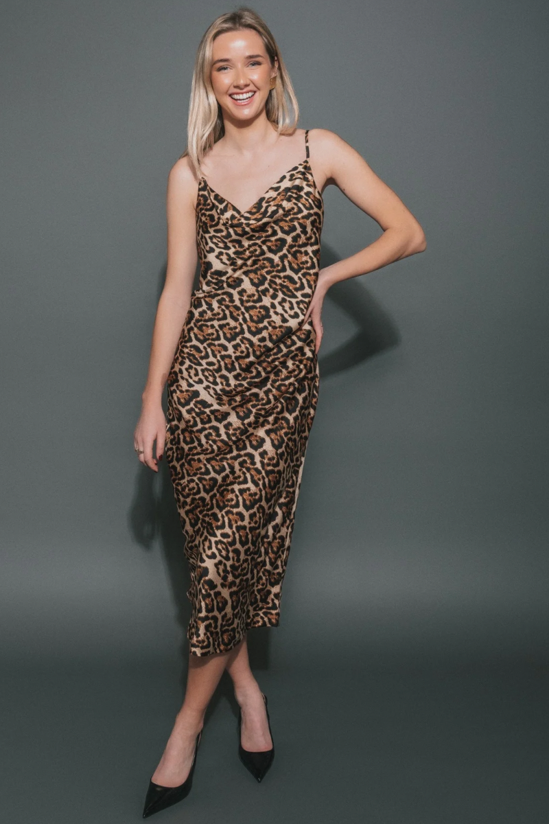 Crepe Maxi Dress with Cowl Neck - Leopard