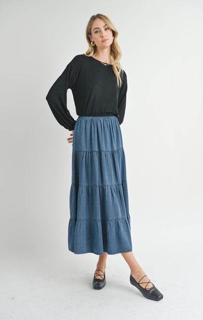 Archives Tiered Tencel Maxi Skirt - Dark Chambray