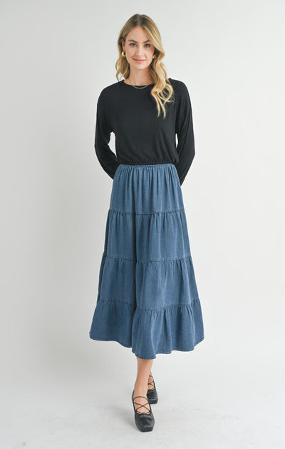 Archives Tiered Tencel Maxi Skirt - Dark Chambray