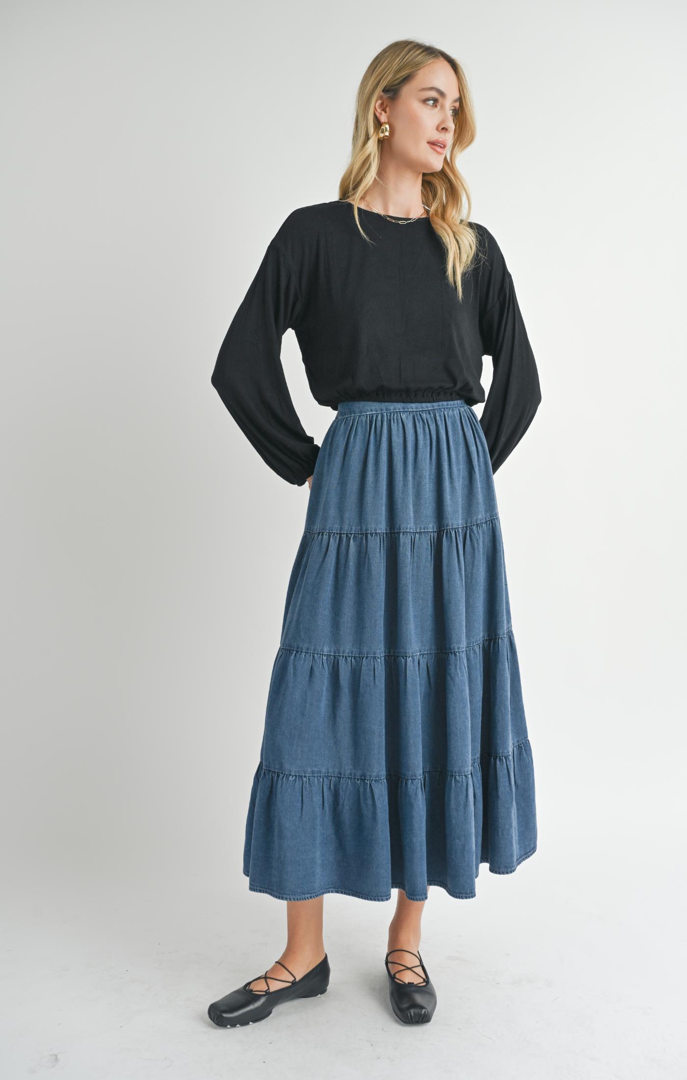 Archives Tiered Tencel Maxi Skirt - Dark Chambray