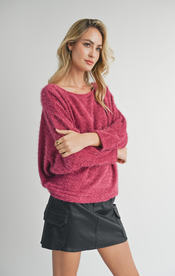 Soiree Dolman Back Surplice Knit Top - Berry