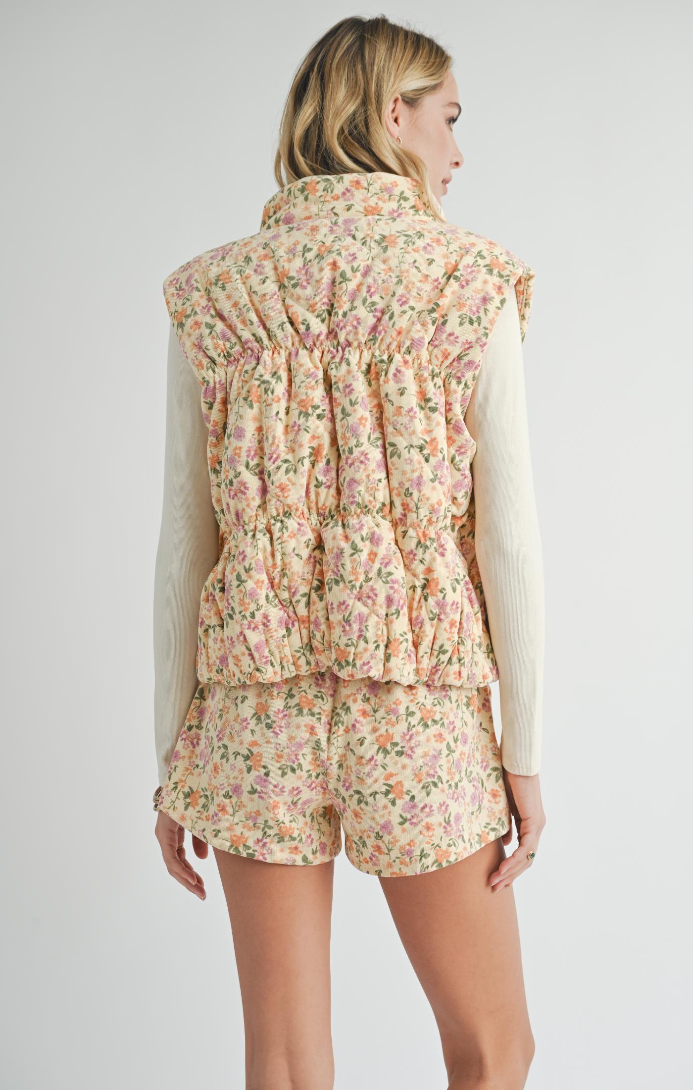 Floral Print Puffer Vest - Cream Multi