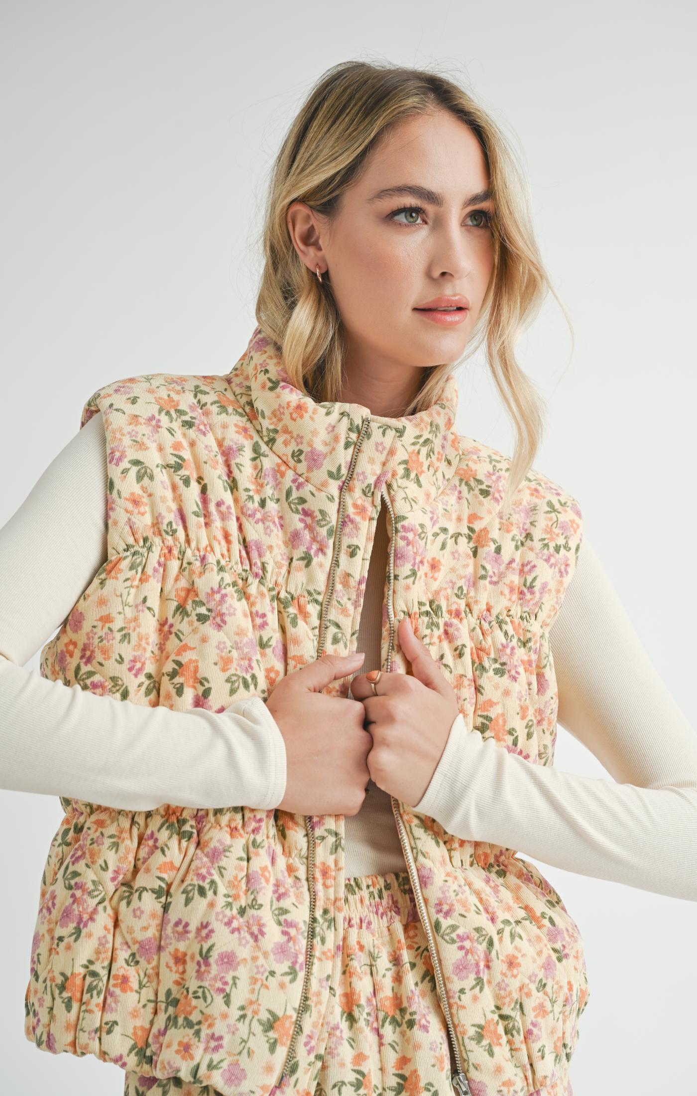 Floral Print Puffer Vest - Cream Multi