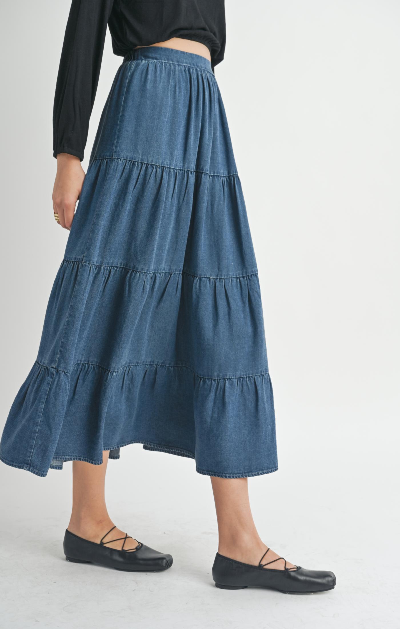 Archives Tiered Tencel Maxi Skirt - Dark Chambray