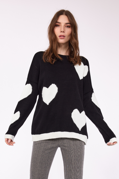 Oversize Knitted Heart Sweater (Black & White)