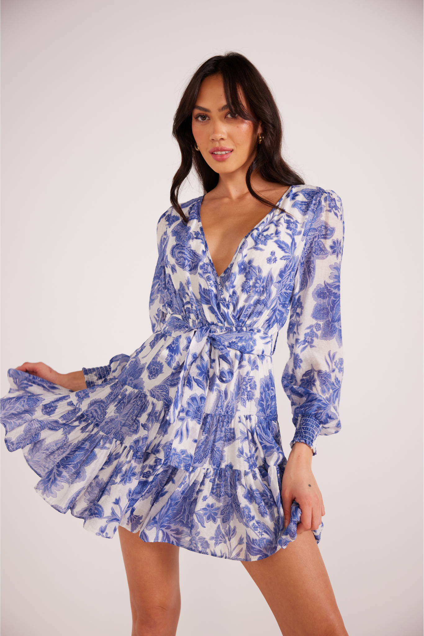 Perla Long Sleeve Mini Dress - Blue Floral