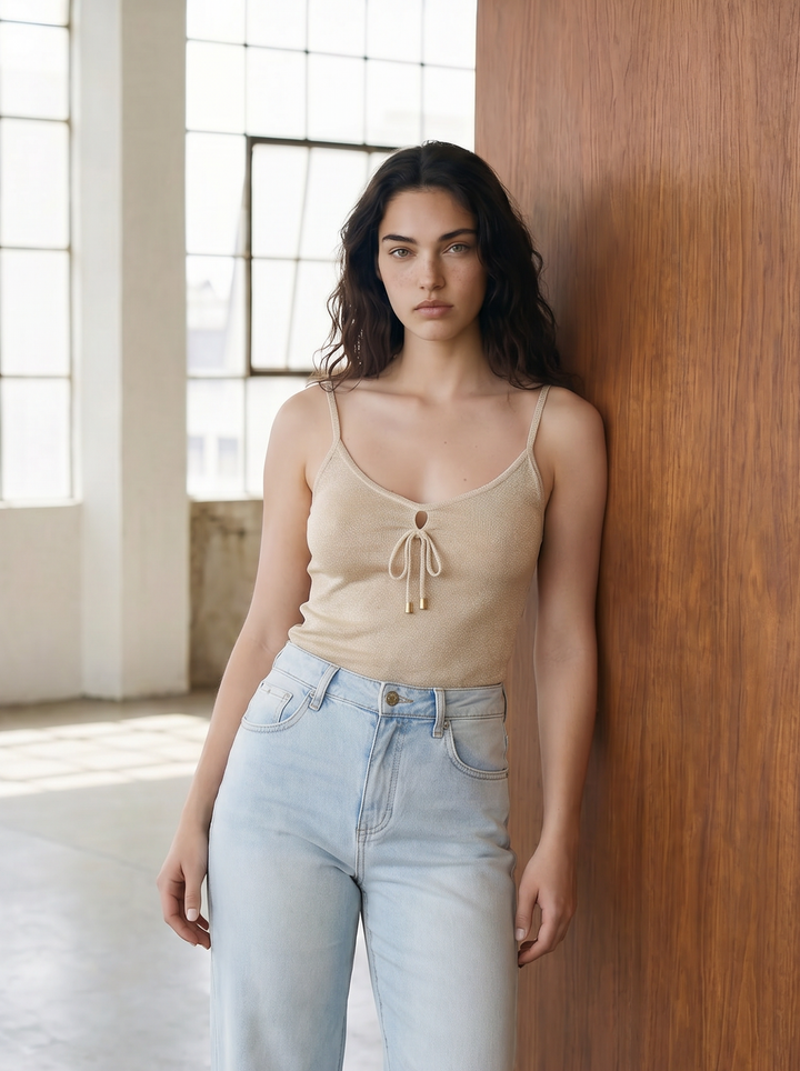 Woman wearing a beige top and light blue jeans standing against a wooden wall.