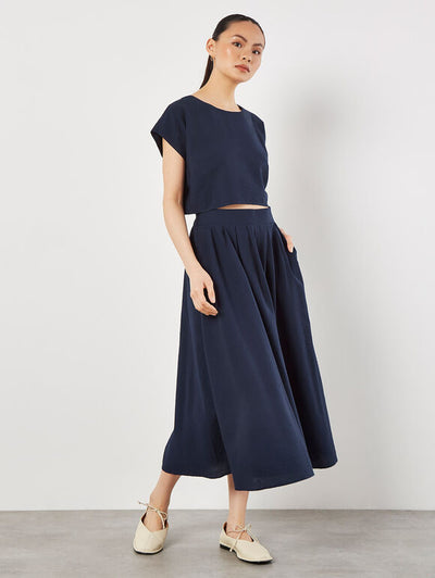 Slub Pleat A-Line Midi Skirt - Navy