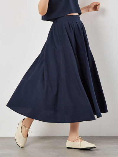 Slub Pleat A-Line Midi Skirt - Navy