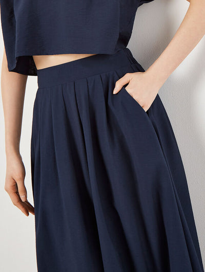 Slub Pleat A-Line Midi Skirt - Navy