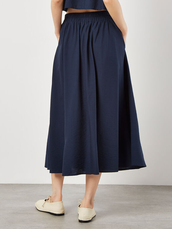 Slub Pleat A-Line Midi Skirt - Navy