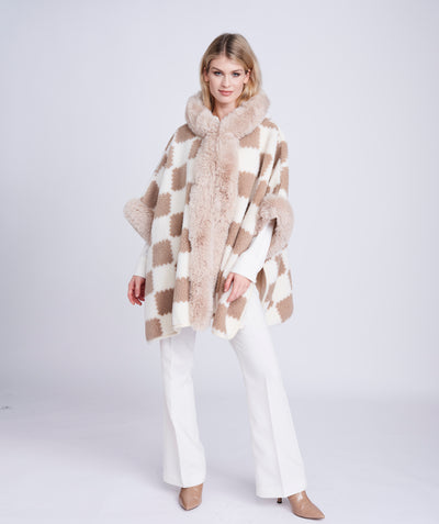 Almond/Beige Textured Knit Wrap with Faux Fur Collar O/S