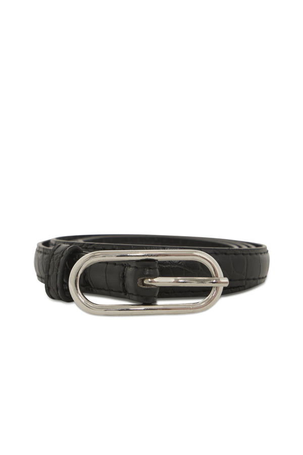 Black belt with a silver buckle on a white background