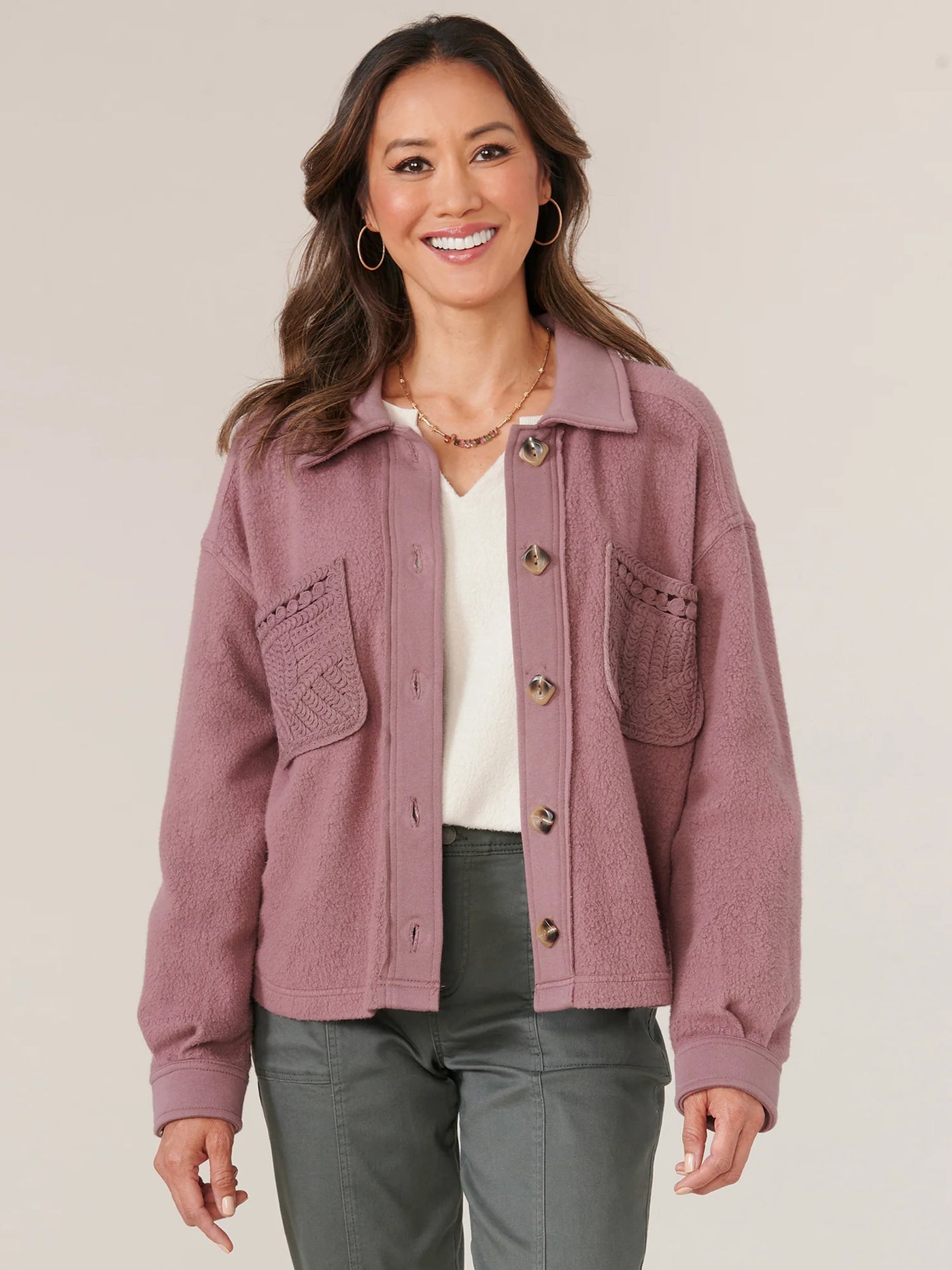 Long Sleeve Button Up Passimenterie Patch Pocket Cropped Jacket - Rose Taupe