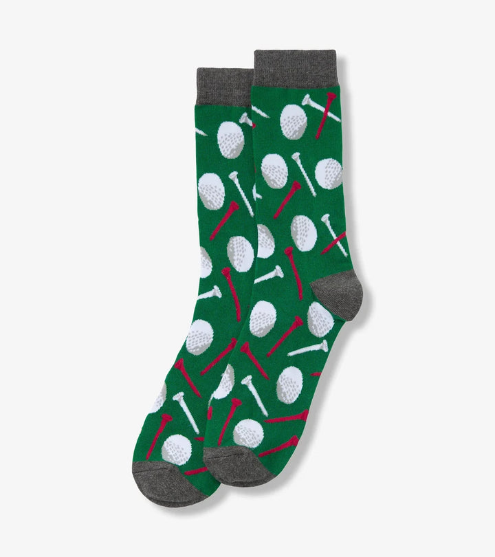 Green socks with golf ball and club pattern on a white background
