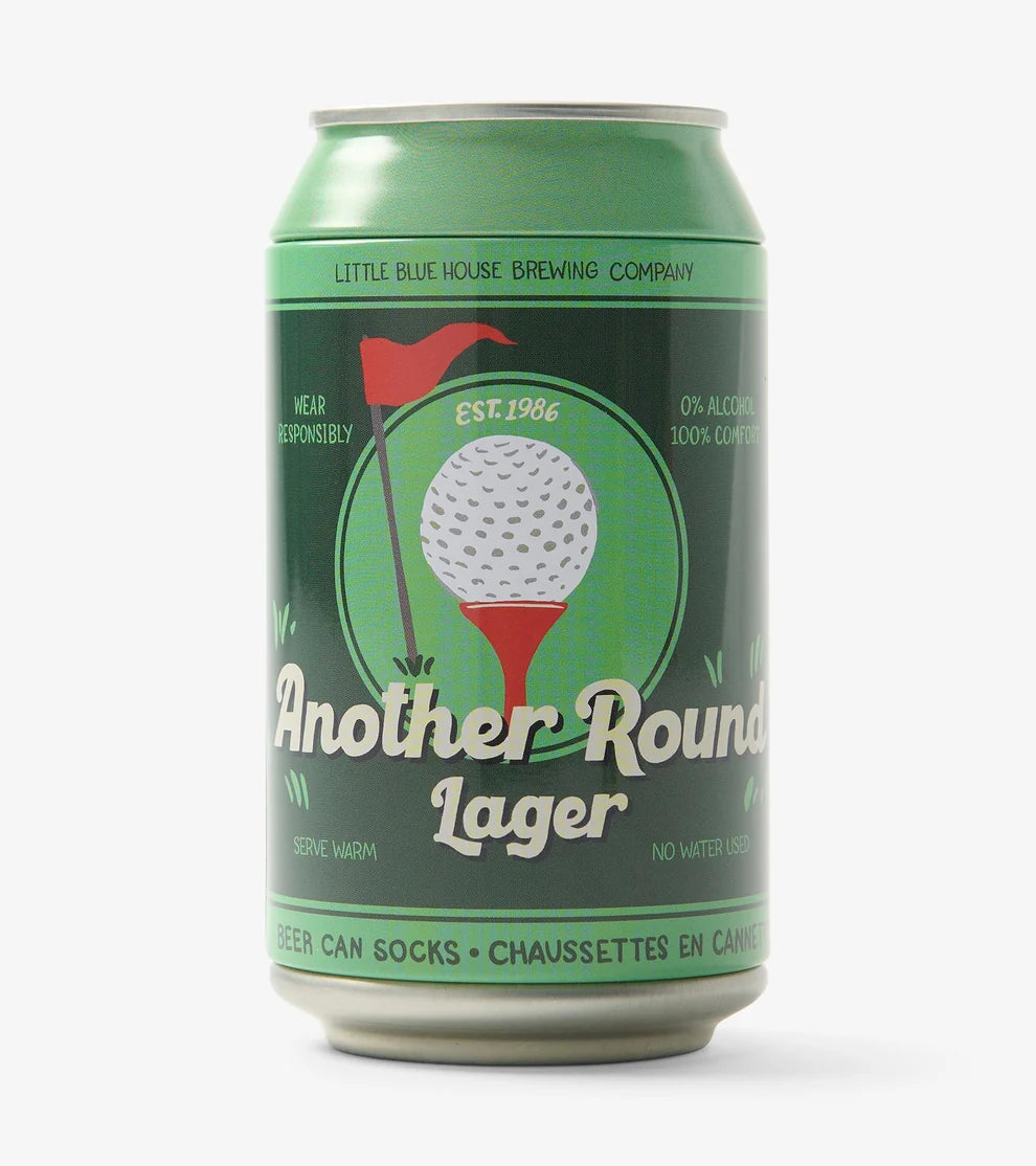A 16 oz aluminum can of Little Blue House Brewing Company's 'Another Round Lager' beer, featuring a green and dark green label with a golf ball and flag graphic, set against a plain white background.
