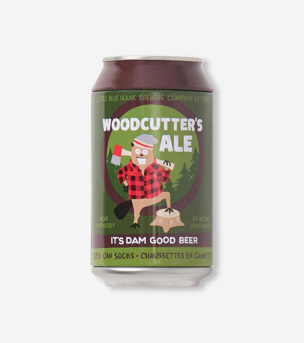 Can of Woodcutter's Ale with a graphic of a lumberjack on a green background