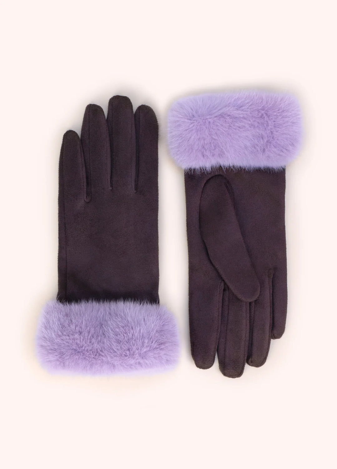 Pair of dark purple gloves with light purple fur cuffs on a white background