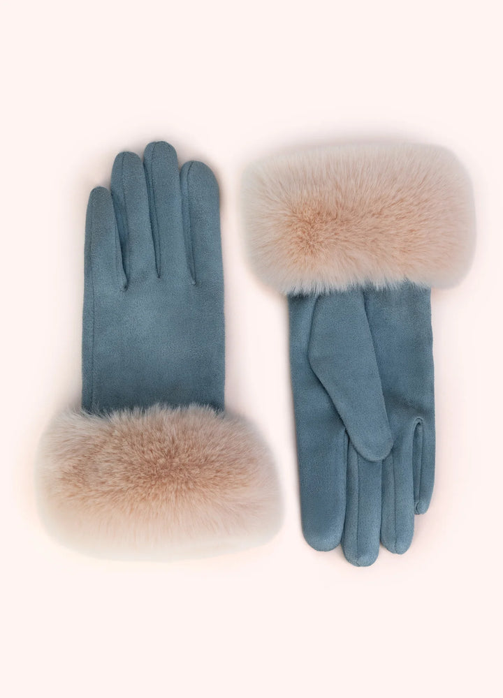 Pair of blue gloves with fur cuffs on a white background