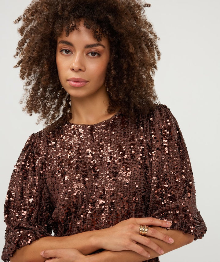 Balloon Sleeve Sequin Top - Coffee
