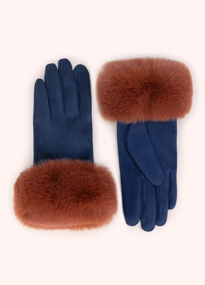 Pair of navy gloves with brown fur cuffs on a white background