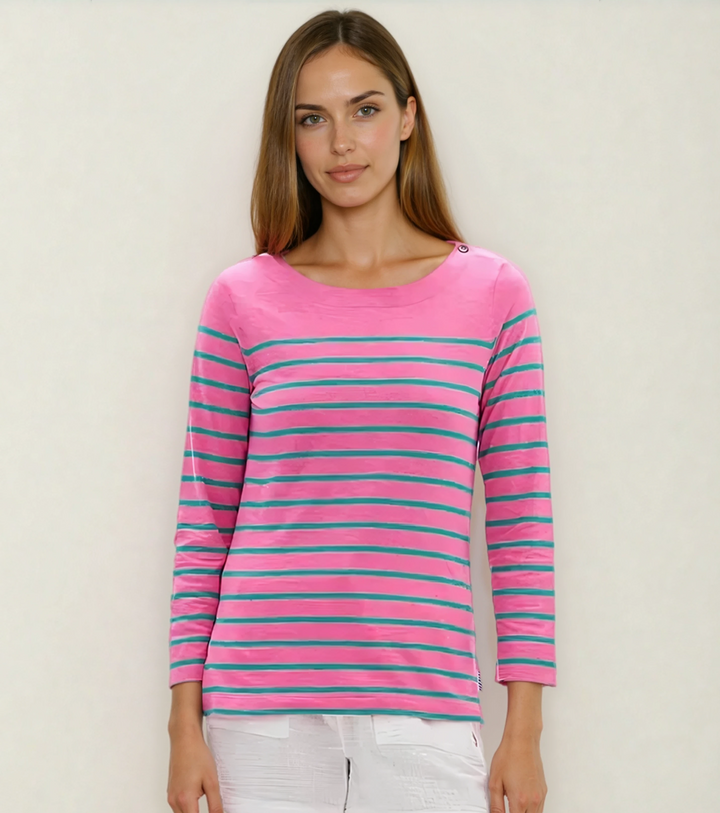 Women wearing a striped top in Watermelon Stripes