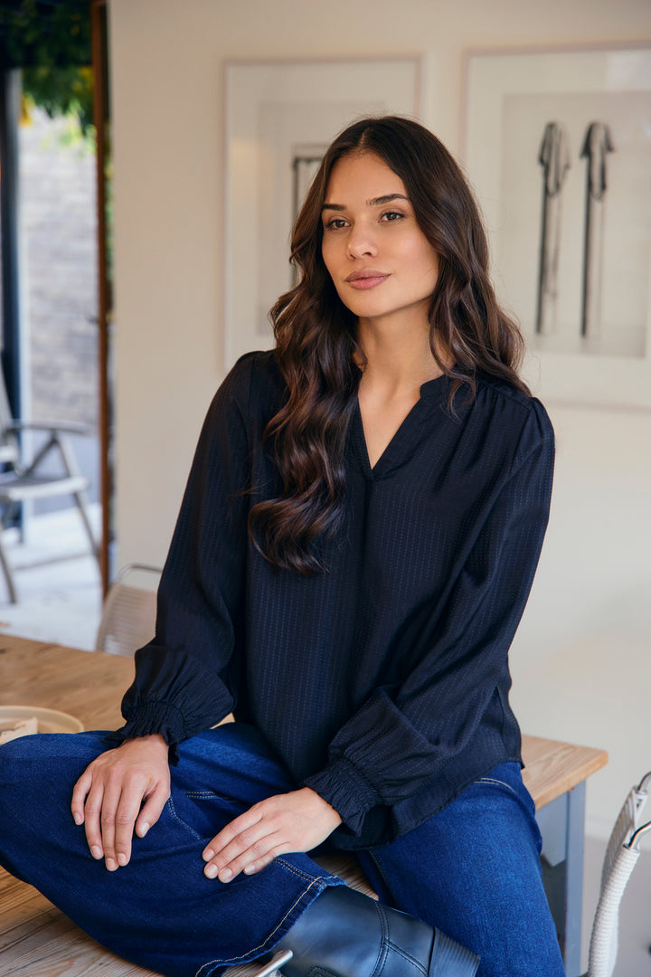 Long Sleeve V-Neck Blouse - Black