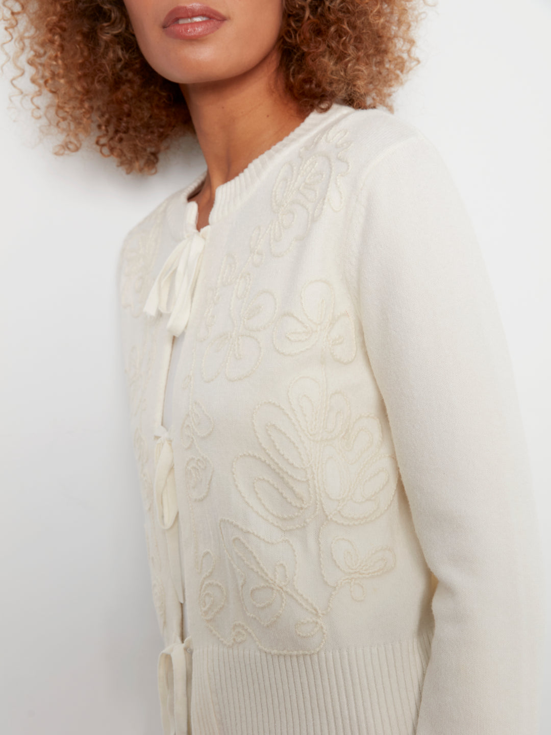A close-up of a model wearing a cream-colored knit cardigan sweater with intricate floral embroidery and tie-front closures.